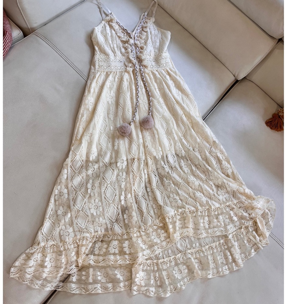 Amelia Boho Cream Floral Lace Maxi Med Festival Dress Tassel Pom Pom Sleeveless